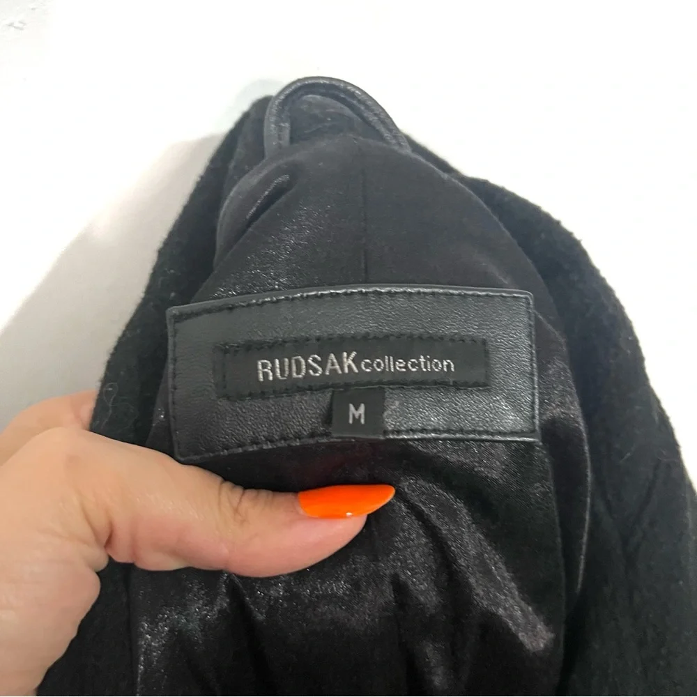 RUDSAK Black Wool Trench Coat with Leather Trim - Picture 4 of 6